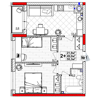 Продажа 2-комнатной квартиры 50,3 м², 1/4 этаж