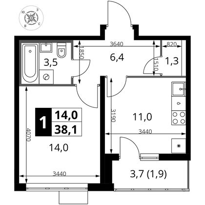 38,1 м², 1-комн. квартира, 20/22 этаж