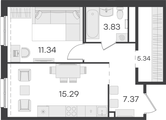 43,2 м², 1-комн. квартира, 1/15 этаж