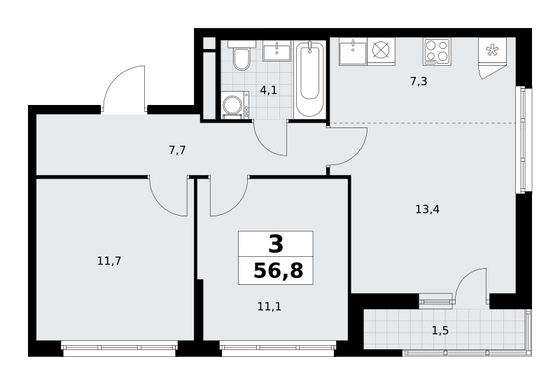 56,8 м², 3-комн. квартира, 4/9 этаж