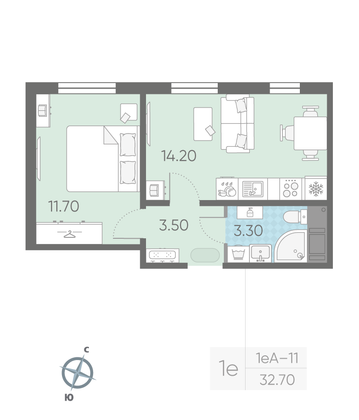 Продажа 1-комнатной квартиры 32,7 м², 9/16 этаж