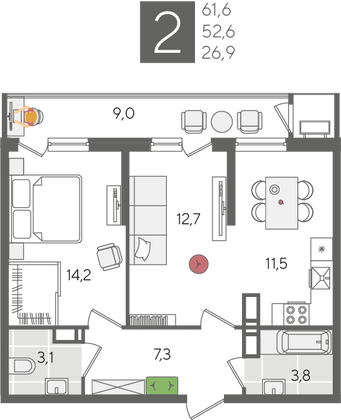 Продажа 2-комнатной квартиры 61,6 м², 24/24 этаж