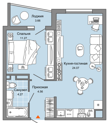 46 м², 2-комн. квартира, 6/9 этаж