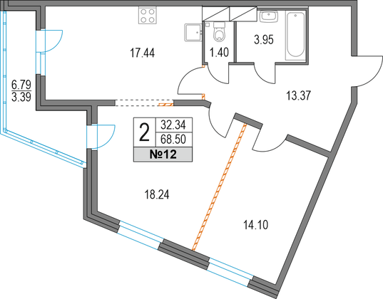 68,6 м², 2-комн. квартира, 3/19 этаж