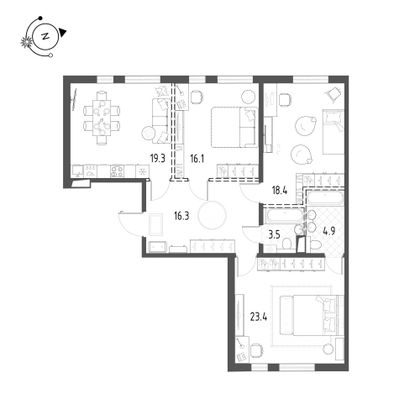 101,9 м², 3-комн. квартира, 3/10 этаж