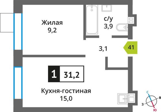 Продажа 1-комнатной квартиры 31,2 м², 6/9 этаж