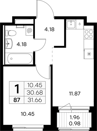 31,7 м², 1-комн. квартира, 7/9 этаж