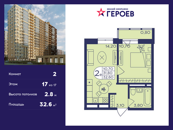 32,6 м², 2-комн. квартира, 17/17 этаж