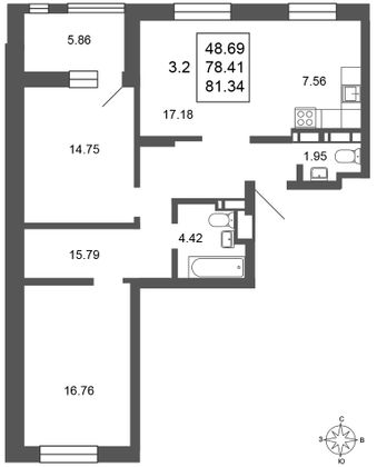Продажа 3-комнатной квартиры 81,1 м², 2/17 этаж