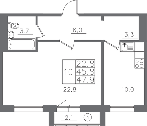 Продажа 1-комнатной квартиры 47,9 м², 11/14 этаж