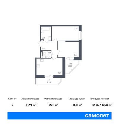 51,9 м², 2-комн. квартира, 10/23 этаж