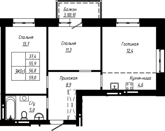 Продажа 3-комнатной квартиры 56,8 м², 3/16 этаж