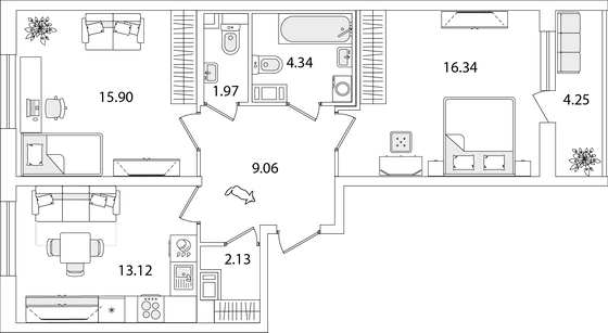 65 м², 2-комн. квартира, 8/9 этаж