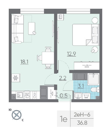 Продажа 1-комнатной квартиры 36,8 м², 6/25 этаж