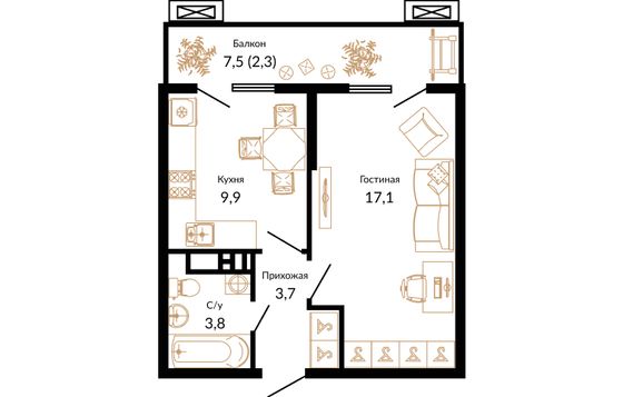 37,1 м², 1-комн. квартира, 13/15 этаж