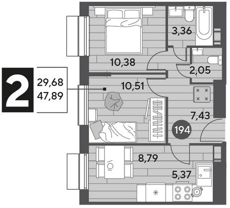 Продажа 2-комнатной квартиры 47,9 м², 4/12 этаж