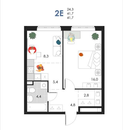 41,7 м², 2-комн. квартира, 1/6 этаж