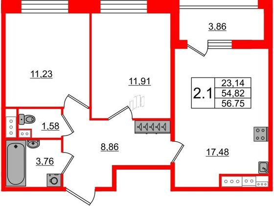 Продажа 2-комнатной квартиры 54,8 м², 9/12 этаж