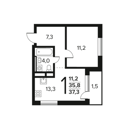 37,3 м², 1-комн. квартира, 5/12 этаж