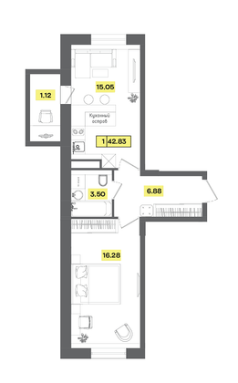 42,8 м², 2-комн. квартира, 6 этаж