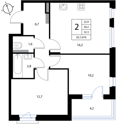 Продажа 2-комнатной квартиры 52,3 м², 3/3 этаж