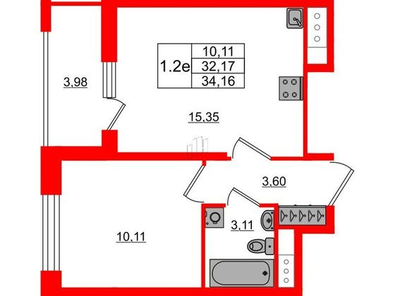 Продажа 1-комнатной квартиры 32,2 м², 13/23 этаж