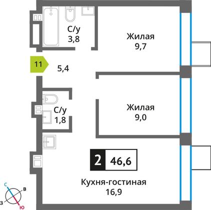 Продажа 2-комнатной квартиры 46,6 м², 2/9 этаж