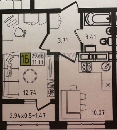 31,1 м², 1-комн. квартира, 7/9 этаж