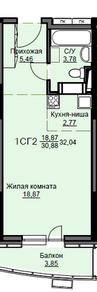 Продажа квартиры-студии 32 м², 16/17 этаж