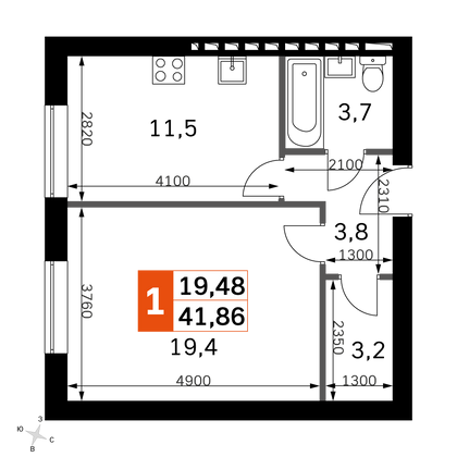 41,9 м², 1-комн. квартира, 4/4 этаж