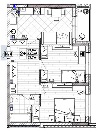 Продажа 2-комнатной квартиры 53,7 м², 1/4 этаж