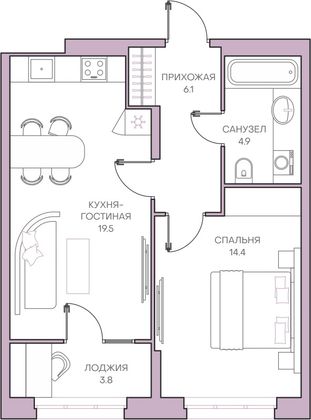 48,7 м², 1-комн. квартира, 3/18 этаж