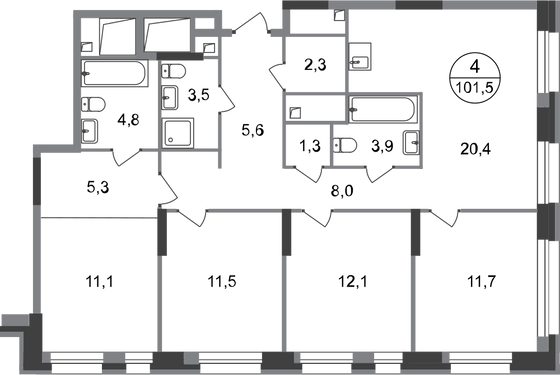 101,5 м², 4-комн. квартира, 20/20 этаж