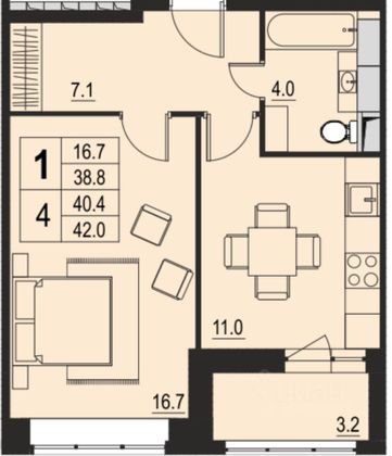Продажа 1-комнатной квартиры 42 м², 16/17 этаж