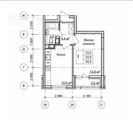 Продажа 1-комнатной квартиры 34,9 м², 4/25 этаж