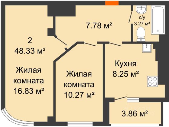 Продажа 1-комнатной квартиры 48,2 м², 6/6 этаж
