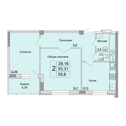 Продажа 2-комнатной квартиры 55,6 м², 2 этаж