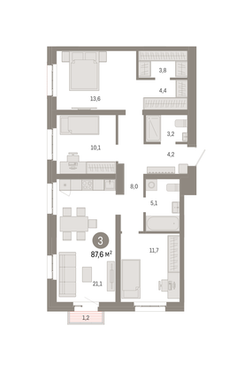 87,6 м², 3-комн. квартира, 6/16 этаж