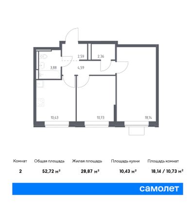 52,7 м², 2-комн. квартира, 2/17 этаж