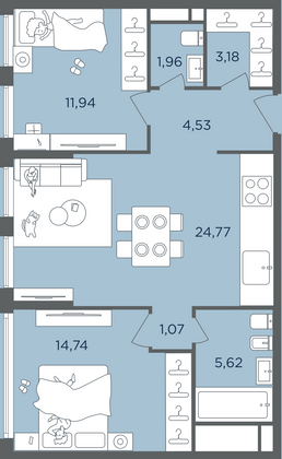 Продажа 3-комнатной квартиры 67,3 м², 12/14 этаж