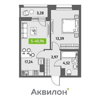 41 м², 1-комн. квартира, 12/12 этаж