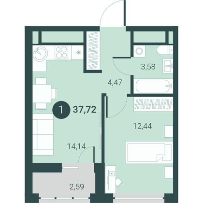 37,2 м², 1-комн. квартира, 3/10 этаж