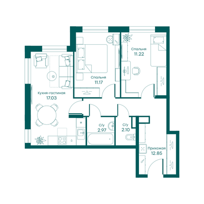 57,4 м², 3-комн. квартира, 1/5 этаж