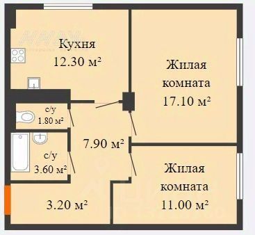 56,9 м², 2-комн. квартира, 1/17 этаж