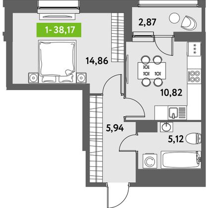 Продажа 1-комнатной квартиры 38,2 м², 4/12 этаж