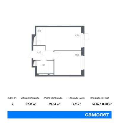 Продажа 2-комнатной квартиры 37,2 м², 6/17 этаж