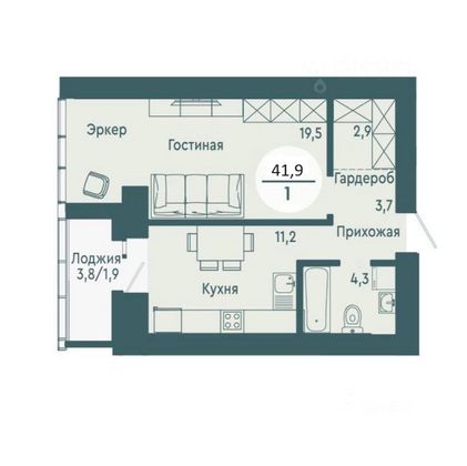Продажа 1-комнатной квартиры 41,9 м², 11/19 этаж
