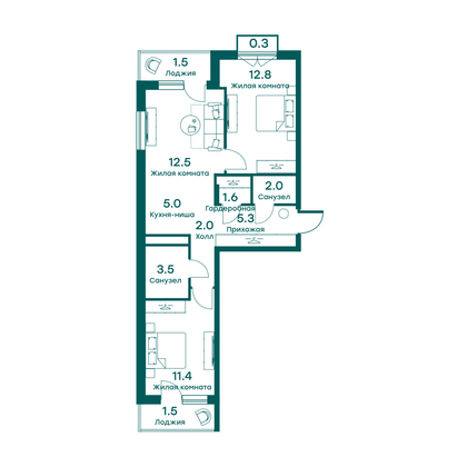 60,8 м², 3-комн. квартира, 2/5 этаж