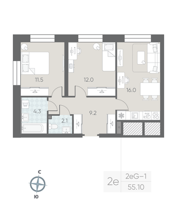 Продажа 2-комнатной квартиры 55,1 м², 2/10 этаж