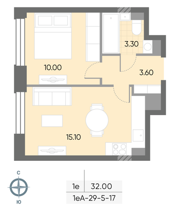 Продажа 1-комнатной квартиры 32 м², 10/30 этаж